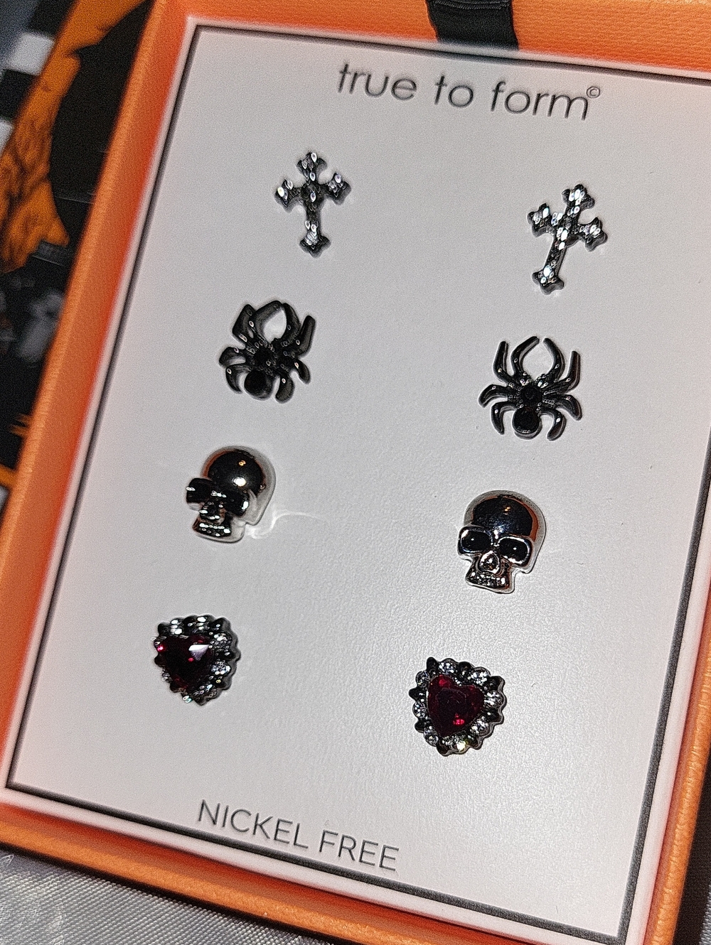 True to Form Skull Spider Cross Heart Earring Set Silver / Red M Ta